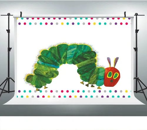 Miniatura 6 de Fondo de fotografía de feliz cumpleaños para fiesta temática de oruga, 7 x 5 pies, dibujos animados de insectos de color arco iris para niños