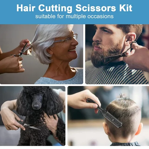 Miniatura 6 de Juego de 11 tijeras profesionales para el cabello, suministros de peluquería de acero inoxidable, incluyendo tijeras rectas, tijeras para adelgazar