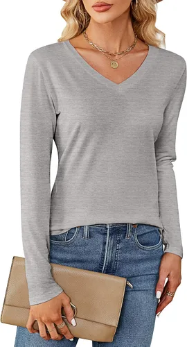 Miniatura 5 de Ficerd Paquete de 2 camisetas de manga larga para mujer, cuello en V, casuales, ajustadas, básicas, de color sólido, dobladillo curvado
