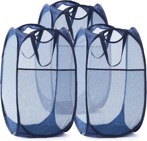 TECHMILLY Cesta de Lavandería Plegable de Malla Pop Up con Asas Resistentes y Bolsillo Lateral - Cestas de Ropa Portátiles y Plegables para Azul