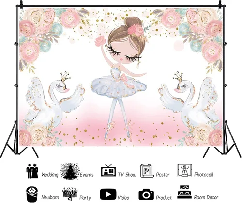Miniatura 4 de Bonito telón de fondo de ballet de 7 x 5 pies para niñas, baby shower, fiesta, pancarta con purpurina de cisne para niños, tutú de ballet