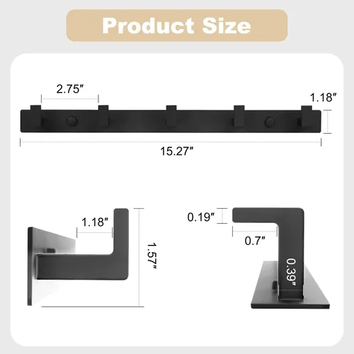 Miniatura 5 de Perchero de pared, perchero de metal con 5 ganchos, resistente, negro, 1 unidad