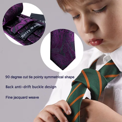 Miniatura 180 de Barry.Wang Corbata de niño regular seda tejida rayas sólido lazo bolsillo cuadrado