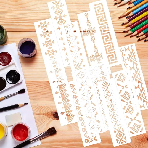 Miniatura 8 de Keluna - Plantillas aztecas - 12 piezas Plantillas de bordes de patrón boho para pintura DIY en pared y lienzo de madera