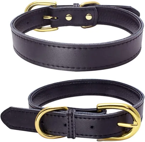 Miniatura 2 de Collar de cuero negro para cachorros, piel de vaca genuina suave al tacto, acolchado, hebilla dorada gruesa, collares duraderos para perros