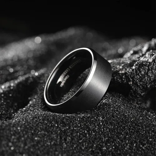 Miniatura 109 de King Will Anillo de boda de tungsteno para hombre, disponible en 15/64 a 25/64 de pulgada (6 a 10 mm), negro/plata, acabado mate, borde pulido