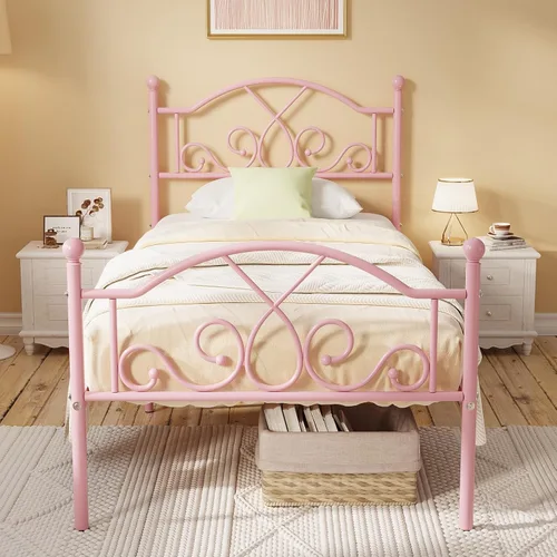 Weehom Marco de cama individual, marcos de cama de metal modernos de tamaño individual para niños y niñas, no necesita somier, base de cama Rosa