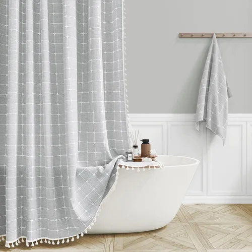 Miniatura 20 de BTTN Juego de cortinas de ducha estilo bohemio de granja con borlas, tela rústica de lino resistente, repelente al agua, cortinas de ducha gruesas A