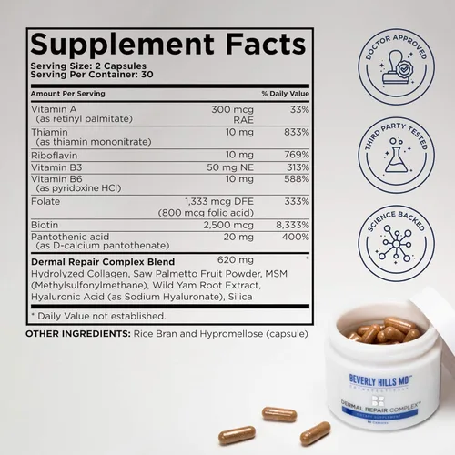 Miniatura 7 de Beverly Hills MD Suplemento de Reparación Dérmica Anti-Envejecimiento - Ácido Hialurónico, Colágeno, Vitaminas para una Piel Lisa y Tersa (3)