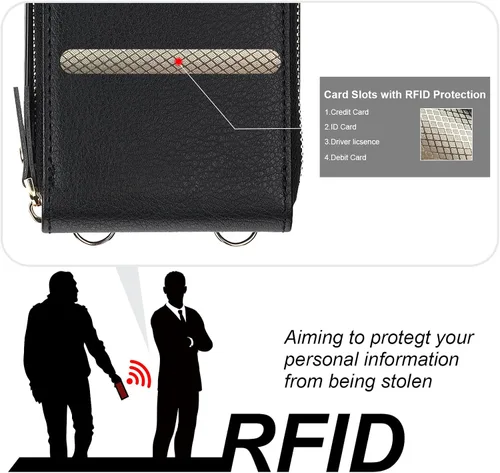Miniatura 6 de KIHUWEY Funda tipo cartera cruzada para iPhone 15 Pro Max, funda con bolsillo con cremallera y soporte para tarjetas, funda protectora de piel Negro