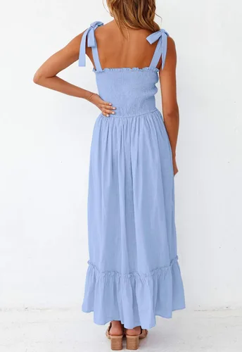 Miniatura 2 de ZESICA Women's 2023 Summer Boho Spaghetti Strap Square Neck Solid Color Ruffle A Line Beach Long Maxi Dress
