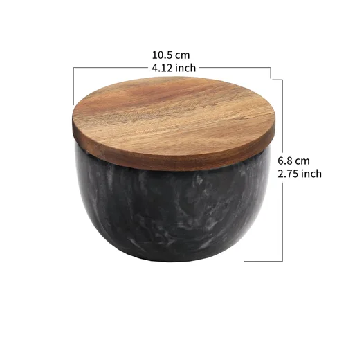 Miniatura 4 de Jalz Jalz Salero de sal con cuchara, base de mármol negro, tapa de acacia natural, cajas decorativas, recipiente para condimentos, diseño elegante