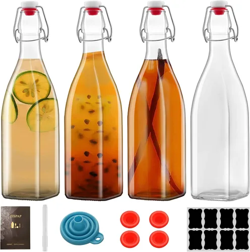 Paquete de 4 botellas de vidrio cuadradas de 25 onzas, botellas de 25 onzas líquidas con tapones herméticos para kombucha, kéfir, extracto de