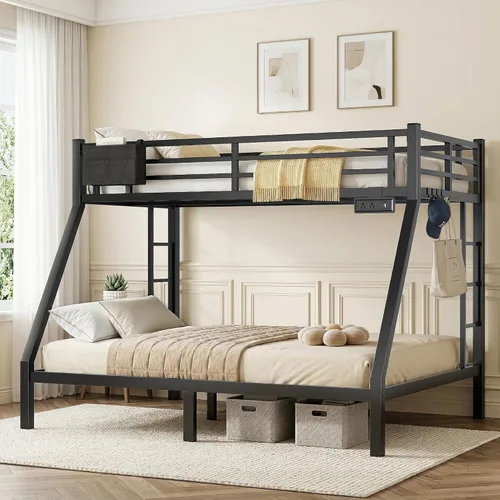 Miniatura 16 de Litera individual XL sobre Queen, cama alta de metal resistente para adultos/adolescentes, capacidad de 350/600 libras con escalera y barandilla