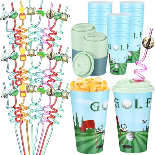 Miniatura 30 de Yungyan 16 juegos de tazas de golosinas con tapas y pajitas para decoraciones de cumpleaños, reutilizables, 16 onzas, vasos de plástico para dulces