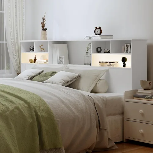 Miniatura 4 de Cabecero tamaño King para dormitorio, elegante cabecero de estantería con estación de carga integrada y 2 luces LED, tablero de madera de ingeniería