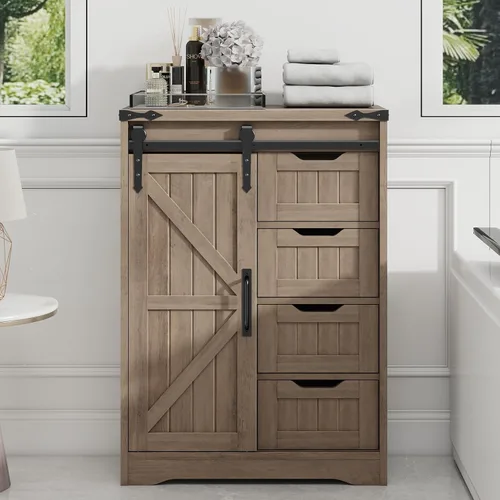 Miniatura 4 de Halitaa Armario de almacenamiento para baño de granja, armario de piso con 4 cajones, armario de baño con puerta corredera, organizador de Gris