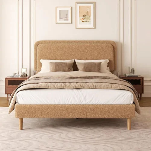 Miniatura 7 de Marco de cama tapizado Boucle de tamaño matrimonial con cabecera ajustable, cama de nube suave, no necesita somier, fácil montaje, sin ruido