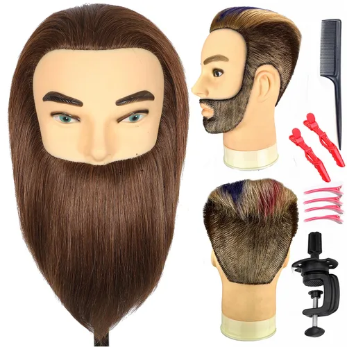 Cabeza de maniquí masculino con barba, 100% cabello humano real, corte de pelo, cabeza de entrenamiento para cosmetología, cabello liso y grueso,