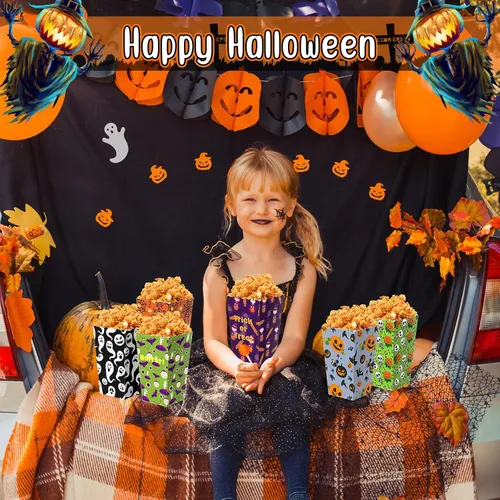 Miniatura 6 de Roshtia 24 cajas de palomitas de maíz de Halloween, 6 diseños de bolsas de palomitas de maíz, cajas de dulces para golosinas para aperitivos, bolsas