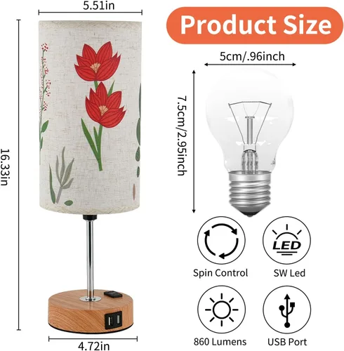 Miniatura 4 de Lámpara de mesa táctil de flores, lámparas de noche regulables de 3 vías con puerto USB y tomacorriente, bonita lámpara con base de grano de madera