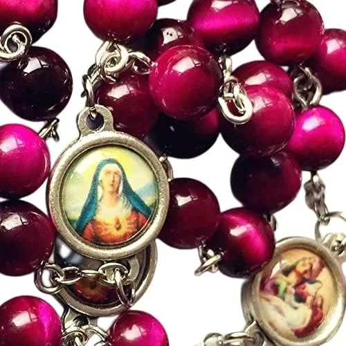 elegantmedical Hecho a mano con cuentas de jade de ojo de tigre rojo raro, siete penas, medalla de María, rosario, regalo católico, Jade, No es una