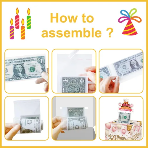 Miniatura 6 de Caja de dinero sorpresa, caja de dinero de feliz cumpleaños para dinero en efectivo, incluye tarjeta de feliz cumpleaños y 35 bolsas transparentes
