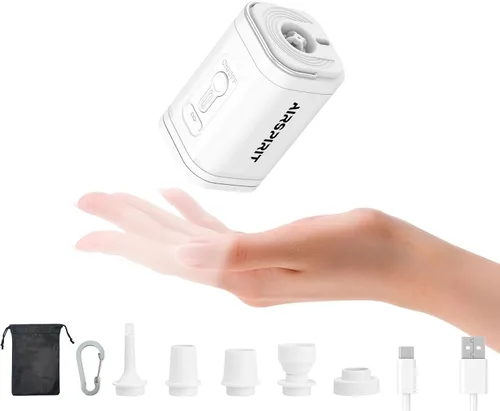 Miniatura 13 de Mini bomba de aire eléctrica portátil para inflables, luz de campamento (SOS), 5 boquillas universales, clip de mosquetón, recargable de 1200 mAh