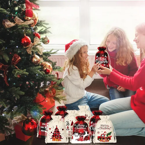 Miniatura 7 de Huhumy 36 bolsas pequeñas de regalo de Navidad a granel con asas a cuadros para fiesta, mini bolsas de dulces, bolsas de joyería a cuadros negros