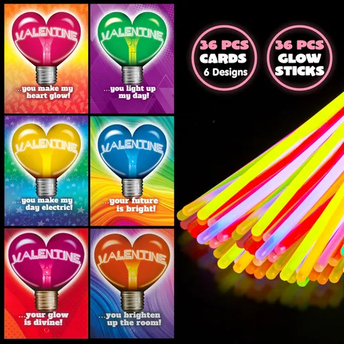 Miniatura 4 de JOYIN Paquete de 36 tarjetas de regalo de neón para el día de San Valentín con pulseras de palo brillante, collares que brillan en la oscuridad