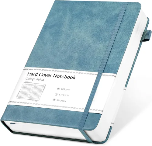 CAGIE Cuaderno rayado, 320 páginas cuaderno rayado grueso para la universidad, papel de 100 g/m², diarios de tapa dura de cuero A5 para escribir Azul
