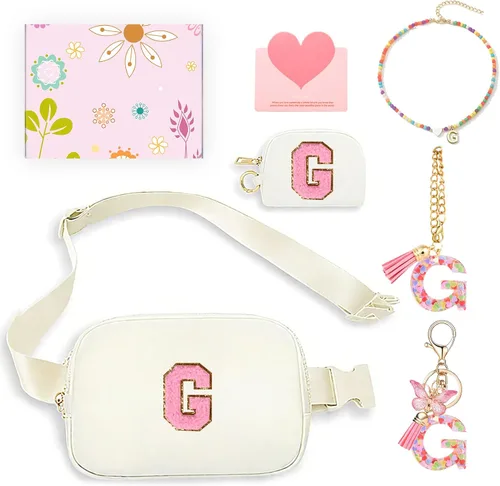 Miniatura 26 de Regalos de moda para niñas adolescentes, cangurera con monograma para niña con llavero, collar, dijes de taza, tarjeta de felicitación y caja