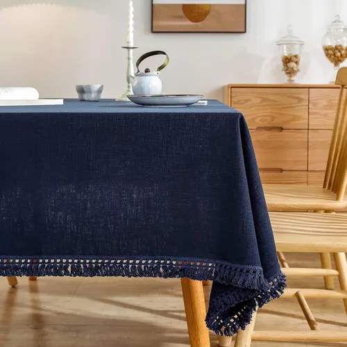 Miniatura 9 de AmHoo - Mantel de lino con borlas y bordado rectangular decorativo para mesa natural para cocina, comedor, buffet de boda, 55 x 55 pulgadas, negro