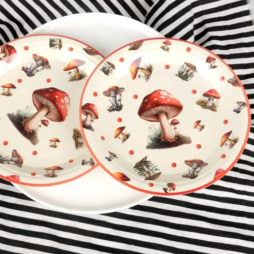 Miniatura 5 de 50 platos de papel desechables, 7 pulgadas, platos de postre de hongos rojos para primavera y verano, bosque, salvaje, vibrante, setas, decoraciones