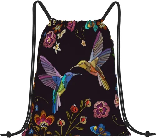 Mochila con cordón para colibríes voladores bolsa de cuerda de gran capacidad flores pequeñas coloridas de prado diseño floral paquete de cincha