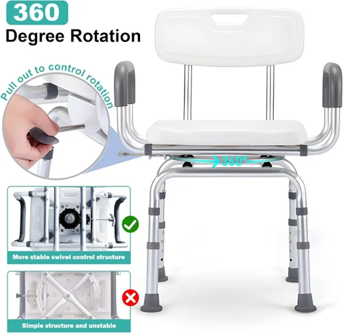 Miniatura 3 de PETKABOO Silla de ducha giratoria de 360 grados, asiento portátil con reposabrazos y respaldo, asiento de altura ajustable para bañera (blanco 1)