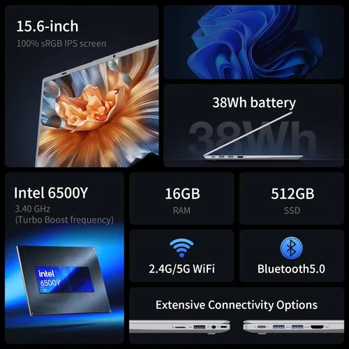 Miniatura 2 de UOWAMOU 15.6 IPS-FHD-Laptop, 16GB RAM 512GB SSD 6500Y (hasta 3.4GHz), computadora ligera con múltiples puertos para WiFi 5 BT5.0