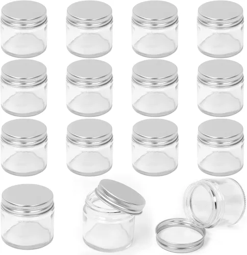Keadic Juego de 15 tarros de vidrio de 2.0 fl oz/2 onzas con tapas, mini tarros redondos herméticos para muestras de conservas con tapas plateadas,