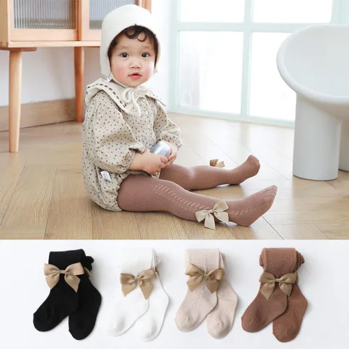 Miniatura 2 de Medias de punto trenzado para bebé niña con lazo sin costuras, mallas de algodón para bebés