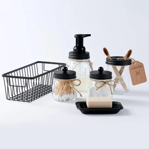 Miniatura 2 de SheeChung Juego de 6 accesorios de baño Mason Jar - Dispensador de jabón espumoso, soporte para cepillos de dientes, 2 soportes Qtip, juego de Negro