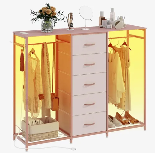 Miniatura 11 de Espelism Cómoda para dormitorio con perchero, cómoda de 5 cajones con estación de carga, luces LED, cómoda blanca, estante flexible y espacio