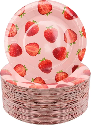 120 platos de papel de fresa de 7 pulgadas, platos de postre desechables decorativos para fiestas, platos de fiesta de fresas a granel para