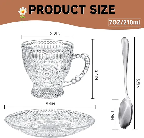 Miniatura 4 de Juego de 6 tazas de té y platillos de vidrio, tazas de café vintage con cuchara de acero inoxidable, aptas para lavavajillas y microondas, para jugo
