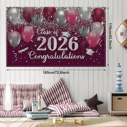 Miniatura 4 de Buryeah Decoración de graduación granate y plateada 2026, pancarta de fondo de felicitaciones graduadas con 60 globos de látex para la clase