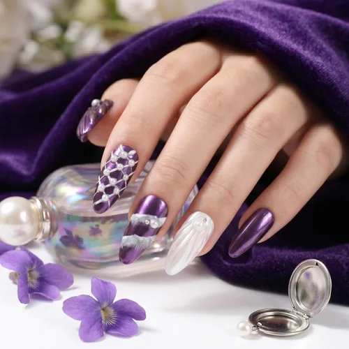 Miniatura 2 de Sun&Beam Nails Uñas a presión hechas a mano medianas con diseño de concha rosa metálica con acabado brillante, 10 piezas para uso diario y ocasiones