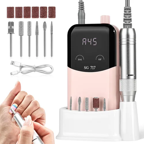 Miniatura 10 de JEWHITENY Taladro de uñas profesional recargable 35000 RPM, SG707 lima de uñas eléctrica con 6 brocas para uñas acrílicas, eliminación de pulido