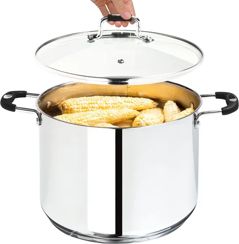 Millvado Olla grande de acero inoxidable de 11 cuartos de galón, olla de cocción grande, tapa de vidrio transparente y marcas de medición, orificio