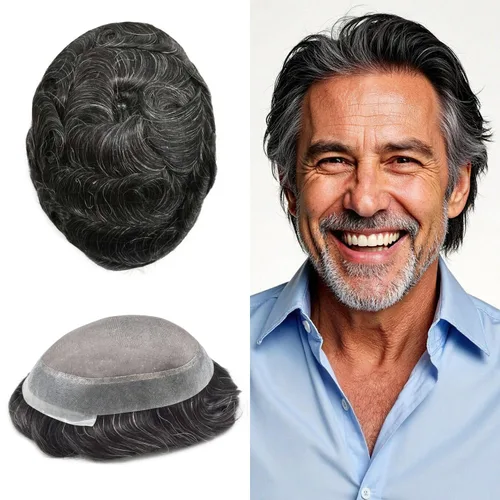 Miniatura 107 de Tupé para hombres, piezas de cabello humano real, sistema de unidades de cabello natural, línea capilar natural, pieza de repuesto para hombres