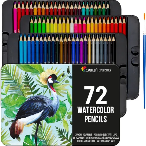 Zenacolor Lápices de acuarela profesionales, juego de 72, caja de metal con pincel, juego de dibujo para colorear, mezclar y colocar en capas,