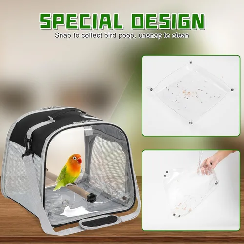 Miniatura 4 de Portador de pájaros pequeño, jaula de viaje con ventana grande con soporte y bandeja fácil de limpiar para cacatúas loro, periquito, ligero y Negro